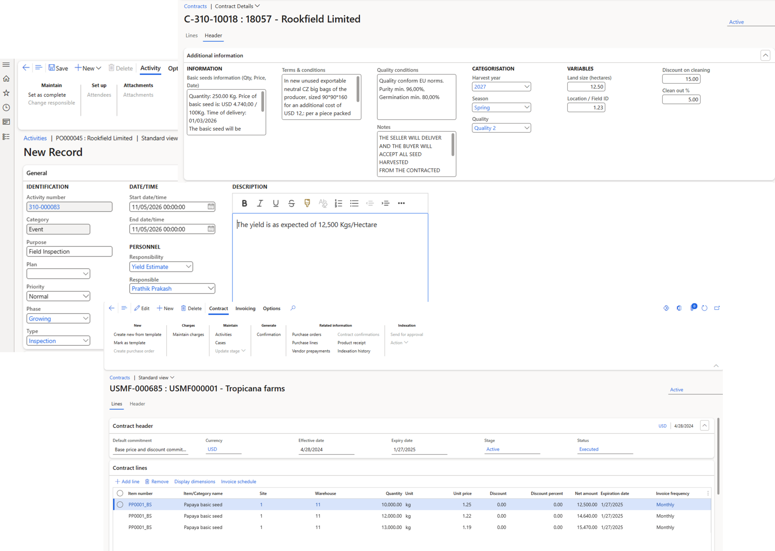 integrated ERP screens showing grower contract management including field activity logging, contract terms and quality settings, and contract line items with pricing, quantities, and delivery schedules
