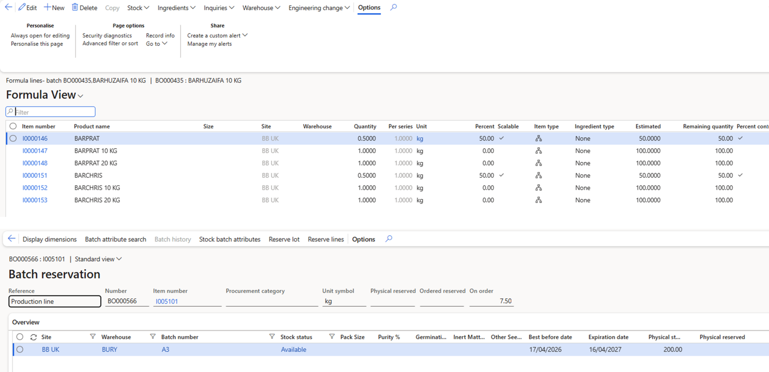ERP screens showing formula view with ingredient quantities and batch reservation details including stock status, batch numbers, expiration dates, and availability