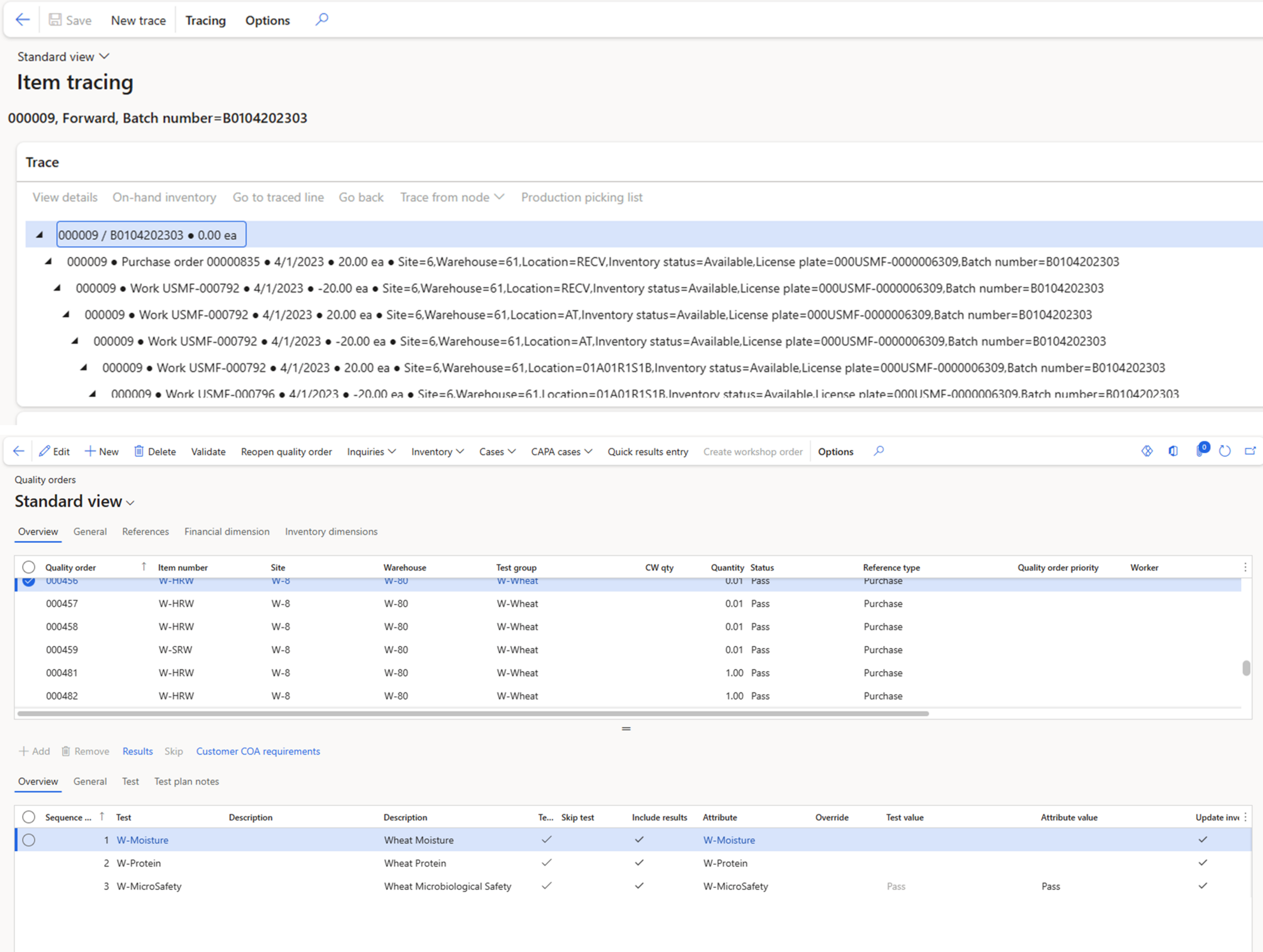ERP interface showing item tracing with batch history and quality management screen with test results and pass status for seed batches