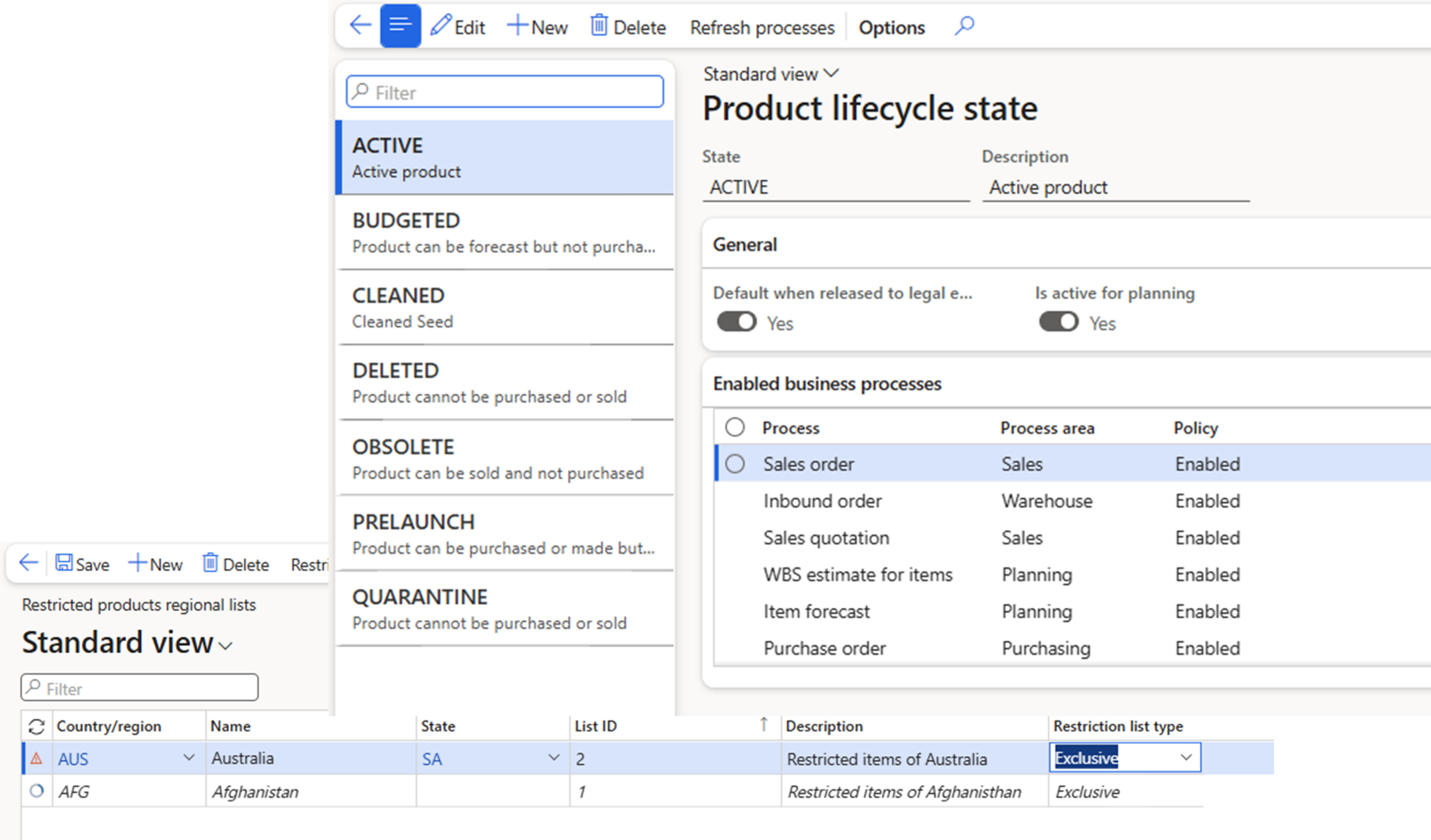 ERP screens showing product lifecycle states such as active and quarantine alongside restricted products by country with compliance rules
